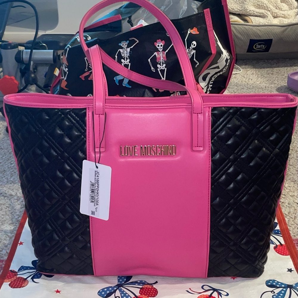Love Moschino Pink and Black Quilted Tote Bag